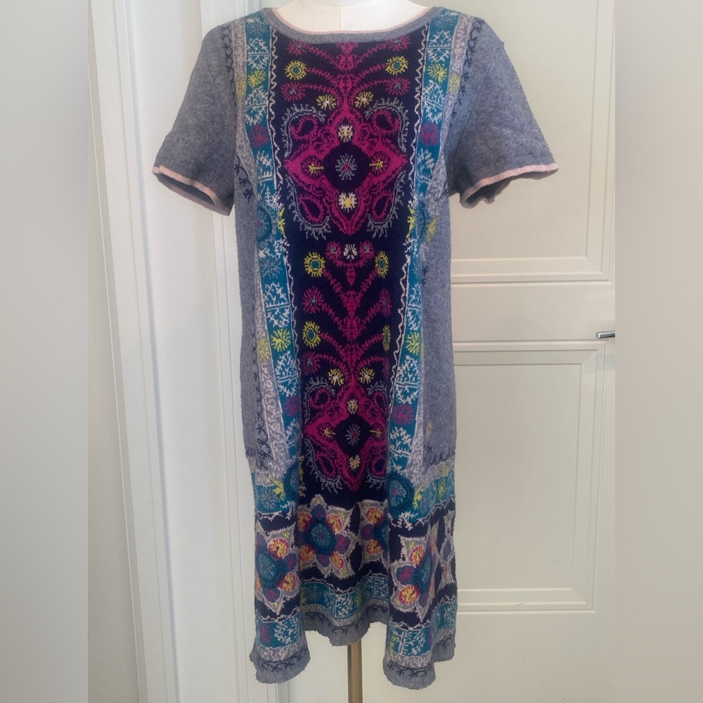 Anthropologie Akemi + Kin Knit Sweater Dress Medium Jewel Tones Gray Boho Print